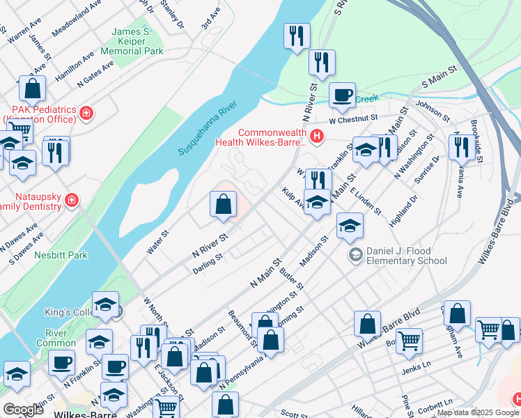 map of restaurants, bars, coffee shops, grocery stores, and more near 81 Courtright Avenue in Wilkes-Barre
