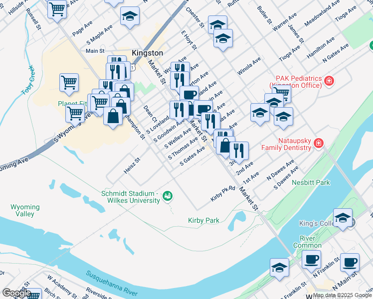 map of restaurants, bars, coffee shops, grocery stores, and more near 50 South Welles Avenue in Kingston