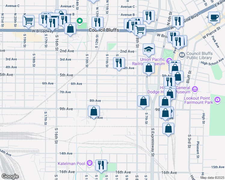 map of restaurants, bars, coffee shops, grocery stores, and more near 1007 6th Avenue in Council Bluffs