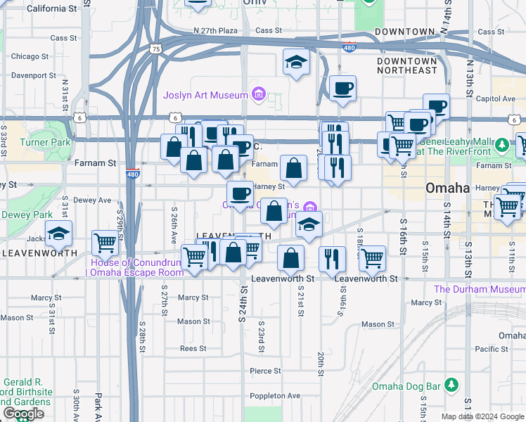 map of restaurants, bars, coffee shops, grocery stores, and more near 230 Dewey Avenue in Omaha