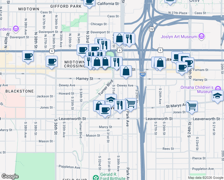 map of restaurants, bars, coffee shops, grocery stores, and more near 3105 Dewey Avenue in Omaha