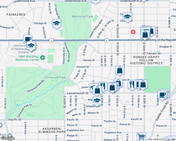 map of restaurants, bars, coffee shops, grocery stores, and more near 5607 Howard Street in Omaha