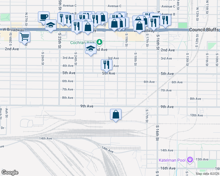 map of restaurants, bars, coffee shops, grocery stores, and more near 2009 6th Avenue in Council Bluffs