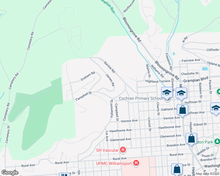 map of restaurants, bars, coffee shops, grocery stores, and more near 1501-1799 James Road in Williamsport