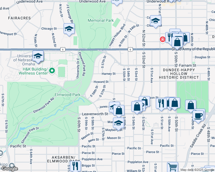 map of restaurants, bars, coffee shops, grocery stores, and more near 5607 Howard Street in Omaha