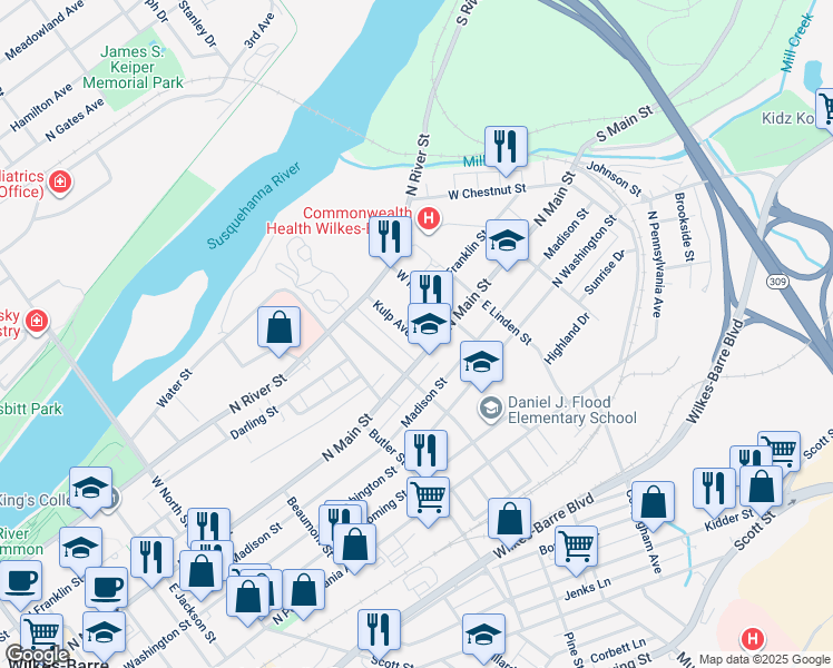 map of restaurants, bars, coffee shops, grocery stores, and more near 17 Kulp Avenue in Wilkes-Barre