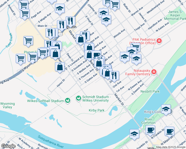map of restaurants, bars, coffee shops, grocery stores, and more near 27 South Gates Avenue in Kingston