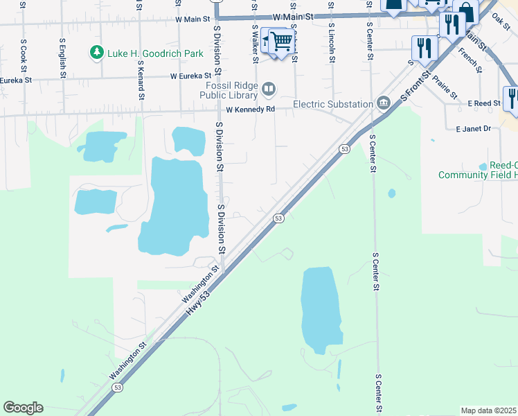 map of restaurants, bars, coffee shops, grocery stores, and more near 412 South Washington Street in Braidwood
