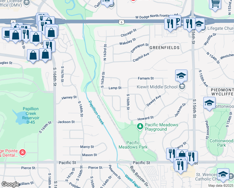 map of restaurants, bars, coffee shops, grocery stores, and more near 16155 Lamp Street in Omaha