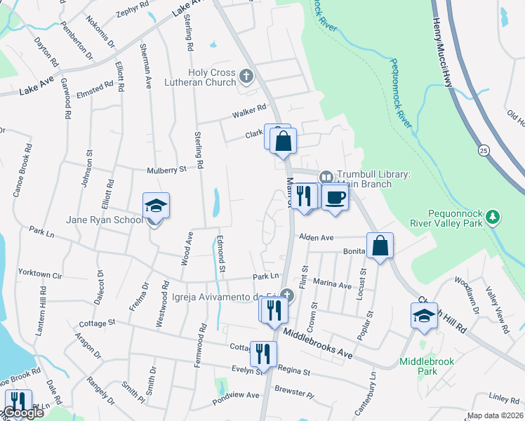 map of restaurants, bars, coffee shops, grocery stores, and more near 183 Mayfield Drive in Trumbull