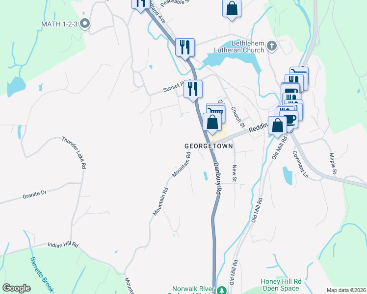 map of restaurants, bars, coffee shops, grocery stores, and more near 16 Mountain Road in Wilton
