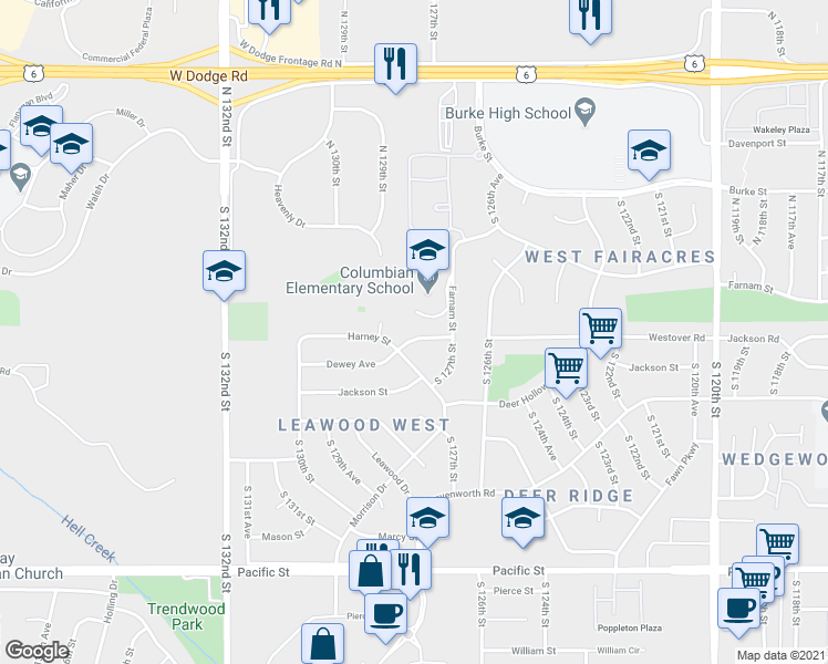 map of restaurants, bars, coffee shops, grocery stores, and more near 12732 Harney Street in Omaha