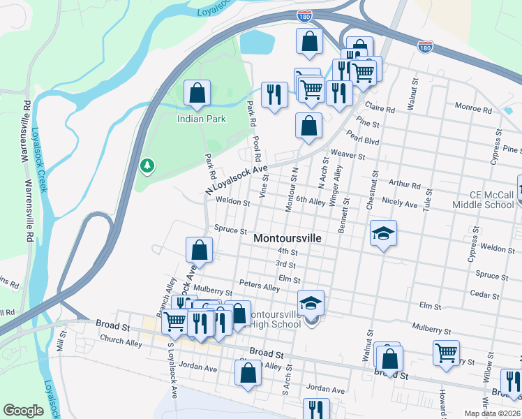 map of restaurants, bars, coffee shops, grocery stores, and more near Tomlinson Alley in Montoursville