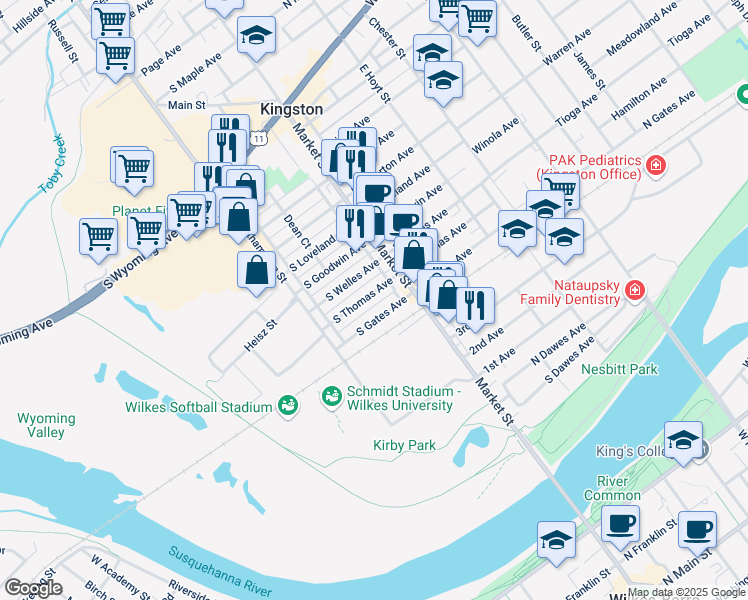 map of restaurants, bars, coffee shops, grocery stores, and more near 50 South Welles Avenue in Kingston