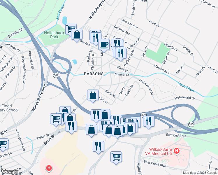 map of restaurants, bars, coffee shops, grocery stores, and more near 902 Scott Street in Wilkes-Barre