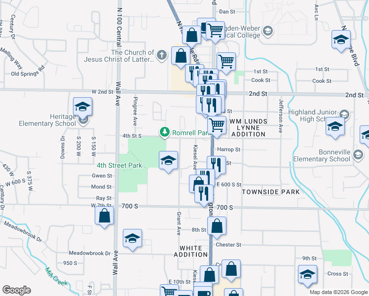 map of restaurants, bars, coffee shops, grocery stores, and more near 329 4th Street South in Ogden