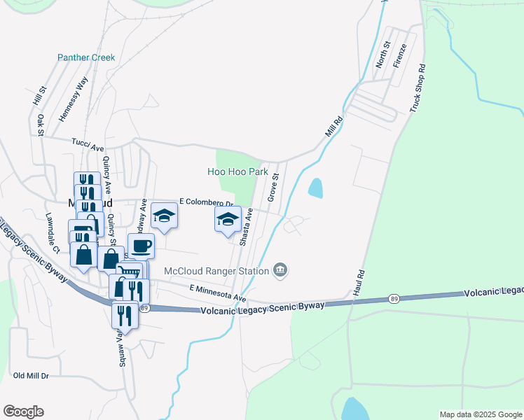 map of restaurants, bars, coffee shops, grocery stores, and more near 504 Shasta Avenue in McCloud