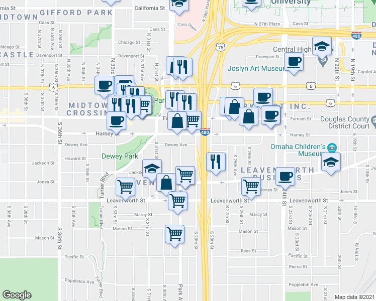 map of restaurants, bars, coffee shops, grocery stores, and more near 421 Park Avenue in Omaha