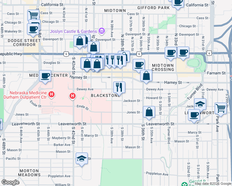 map of restaurants, bars, coffee shops, grocery stores, and more near 3814 Dewey Avenue in Omaha