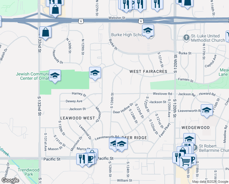map of restaurants, bars, coffee shops, grocery stores, and more near 448 South 126th Street in Omaha