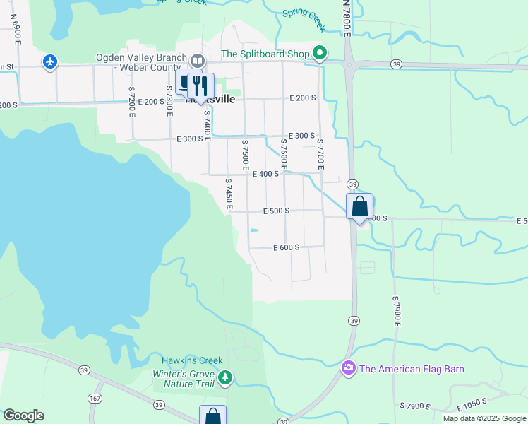map of restaurants, bars, coffee shops, grocery stores, and more near 7541 East 500 South in Huntsville