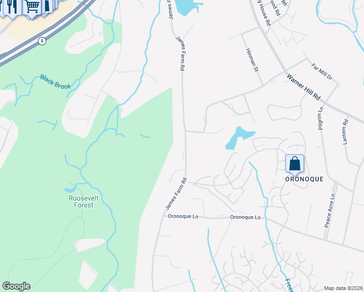 map of restaurants, bars, coffee shops, grocery stores, and more near 1455 James Farm Road in Stratford