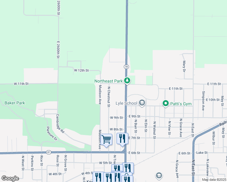 map of restaurants, bars, coffee shops, grocery stores, and more near 221 West 11th Street in Kewanee