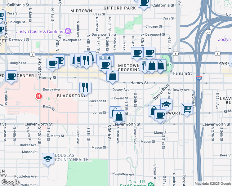 map of restaurants, bars, coffee shops, grocery stores, and more near 508 South 35th Avenue in Omaha