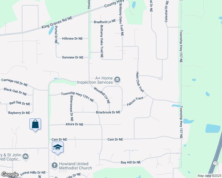 map of restaurants, bars, coffee shops, grocery stores, and more near 9242 Briarbrook Drive Northeast in Warren