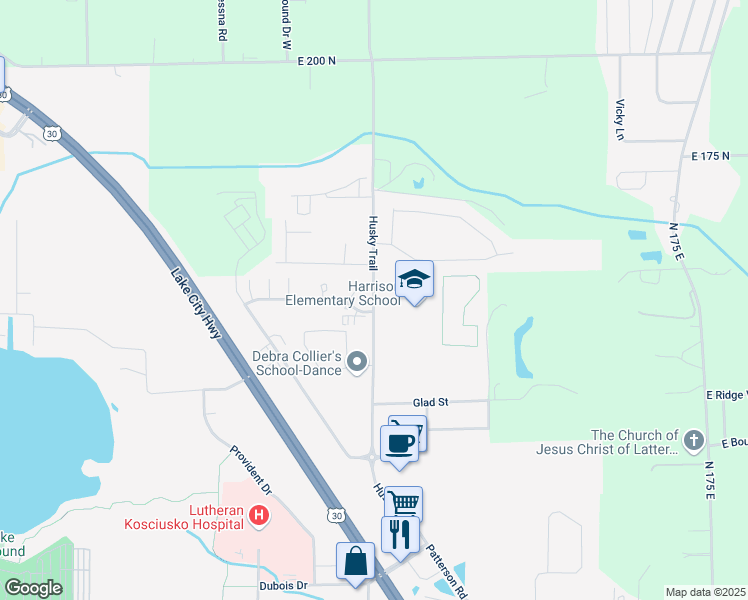 map of restaurants, bars, coffee shops, grocery stores, and more near 1439 Husky Trail in Warsaw