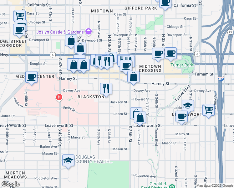 map of restaurants, bars, coffee shops, grocery stores, and more near 336 South 37th Street in Omaha