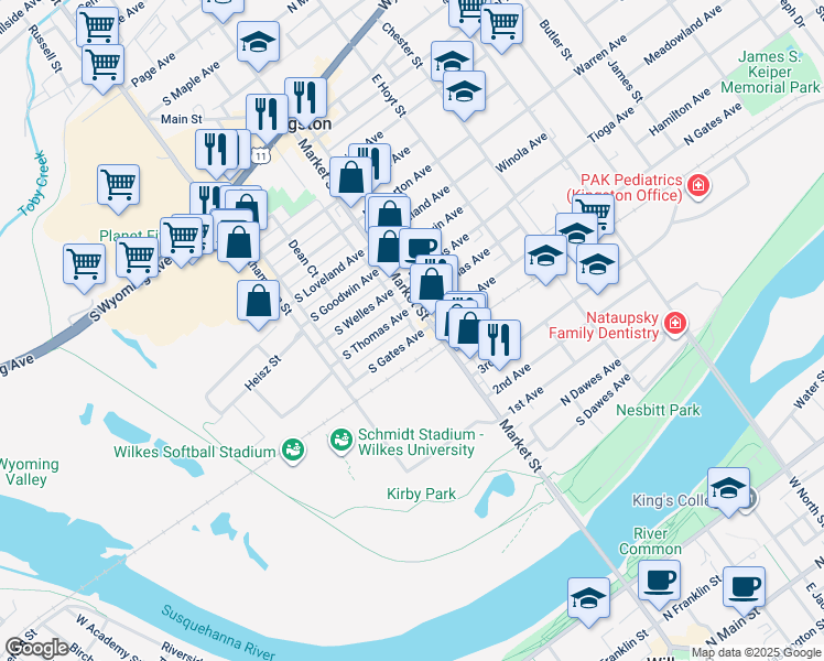map of restaurants, bars, coffee shops, grocery stores, and more near 41 South Gates Avenue in Kingston