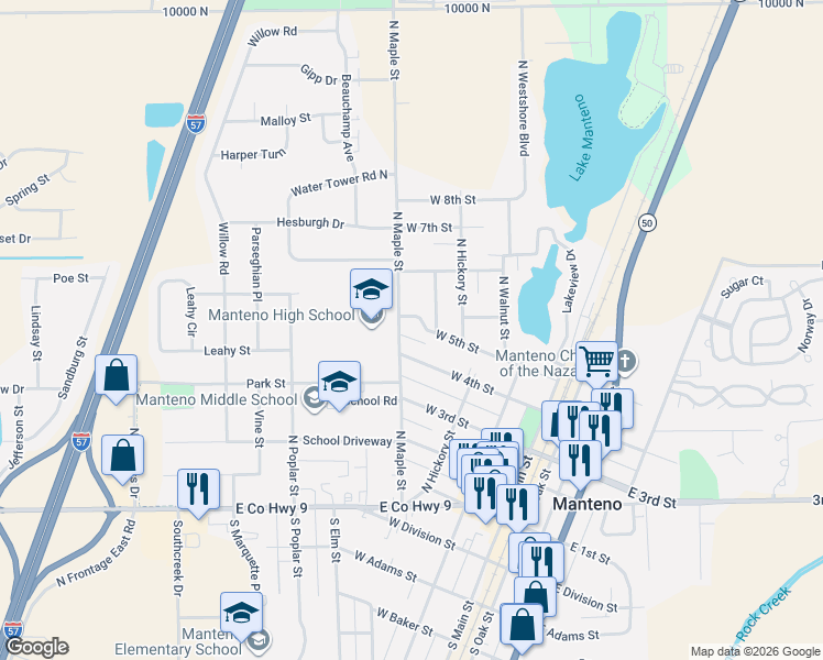 map of restaurants, bars, coffee shops, grocery stores, and more near 476 North Maple Street in Manteno