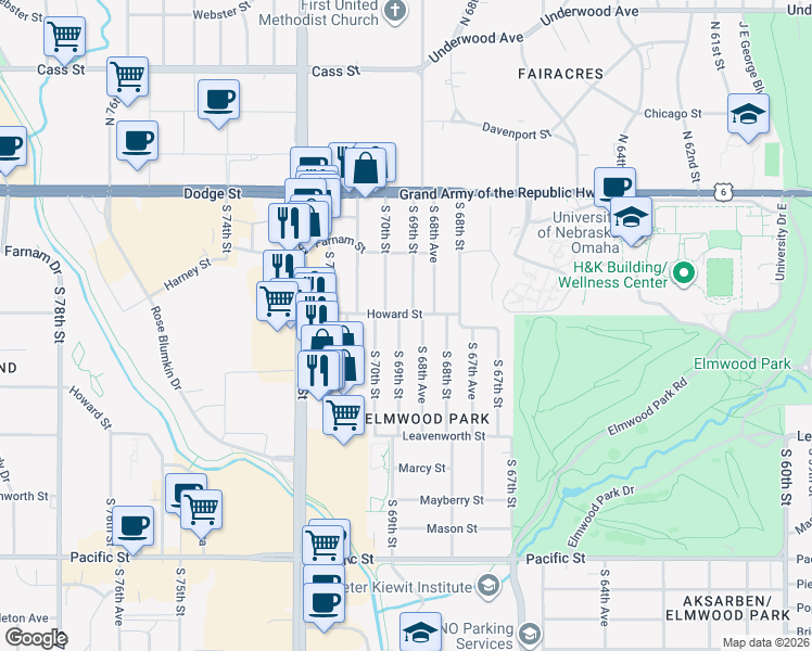 map of restaurants, bars, coffee shops, grocery stores, and more near 510 South 68th Avenue in Omaha
