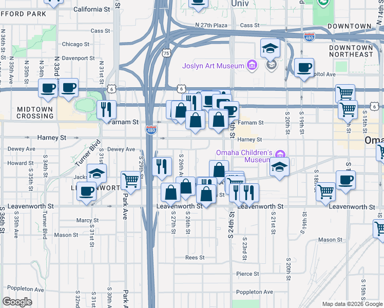 map of restaurants, bars, coffee shops, grocery stores, and more near 2601 Harney Street in Omaha