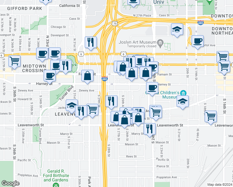 map of restaurants, bars, coffee shops, grocery stores, and more near 510 South 27th Street in Omaha