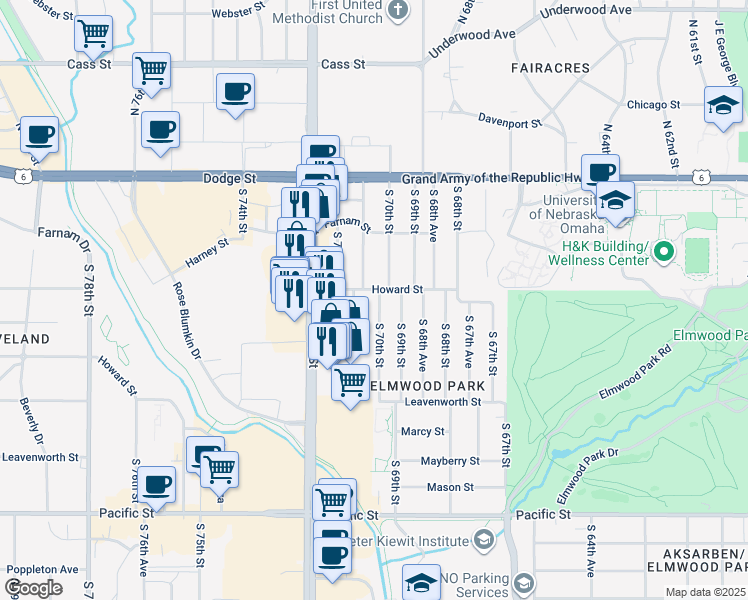map of restaurants, bars, coffee shops, grocery stores, and more near 344 South 70th Street in Omaha