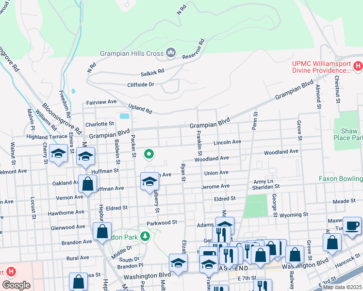 map of restaurants, bars, coffee shops, grocery stores, and more near 243 Lincoln Avenue in Williamsport