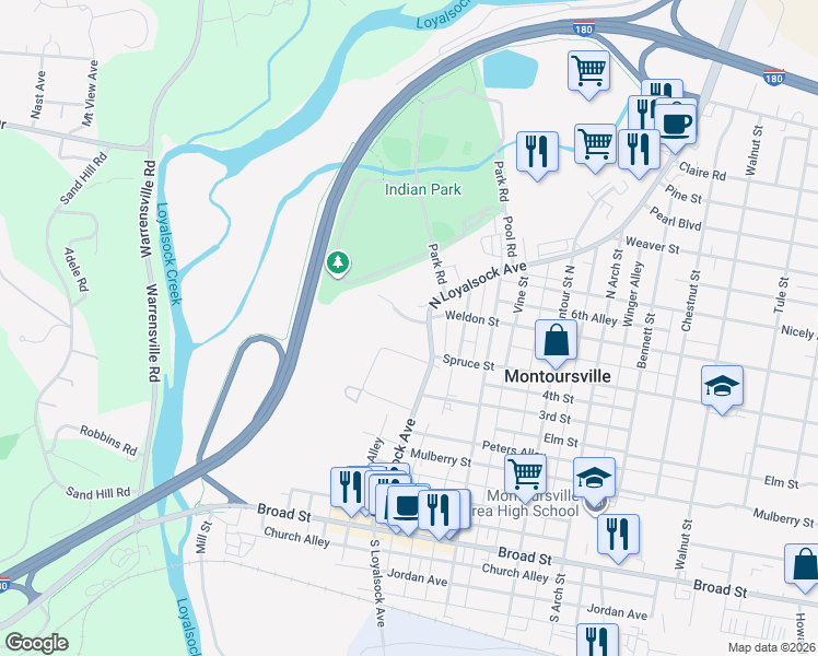 map of restaurants, bars, coffee shops, grocery stores, and more near 86 Rockey Lane in Montoursville