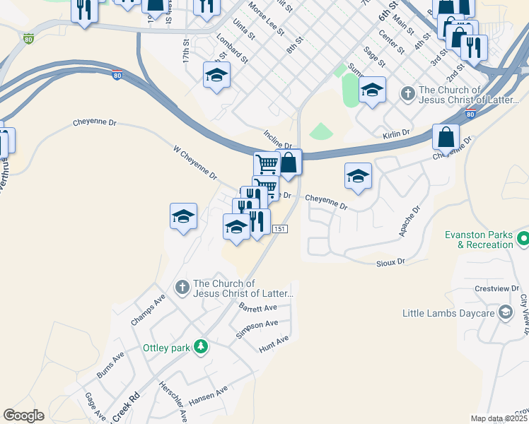 map of restaurants, bars, coffee shops, grocery stores, and more near 70 Yellow Creek Road in Evanston