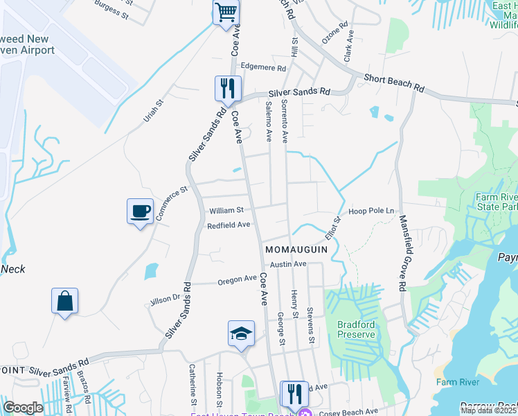 map of restaurants, bars, coffee shops, grocery stores, and more near 285 Coe Avenue in East Haven