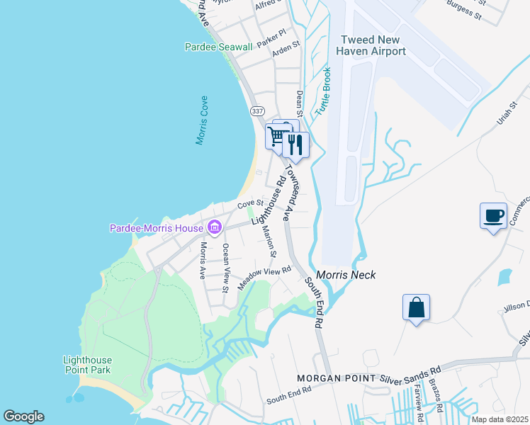 map of restaurants, bars, coffee shops, grocery stores, and more near 450 Lighthouse Road in New Haven