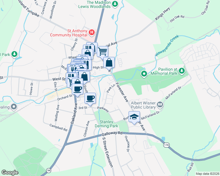 map of restaurants, bars, coffee shops, grocery stores, and more near 400 Park Lane in Warwick