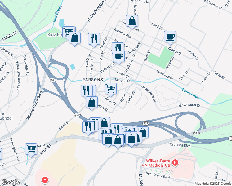 map of restaurants, bars, coffee shops, grocery stores, and more near 910-938 Scott St in Wilkes-Barre