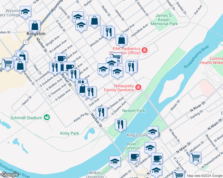 map of restaurants, bars, coffee shops, grocery stores, and more near 106 3rd Avenue in Kingston