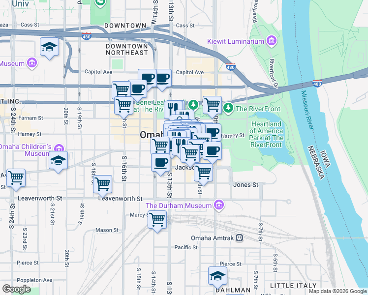 map of restaurants, bars, coffee shops, grocery stores, and more near 1209 Harney Street in Omaha