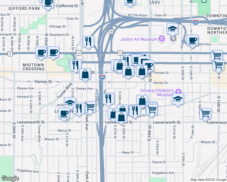 map of restaurants, bars, coffee shops, grocery stores, and more near 502 South 27th Street in Omaha