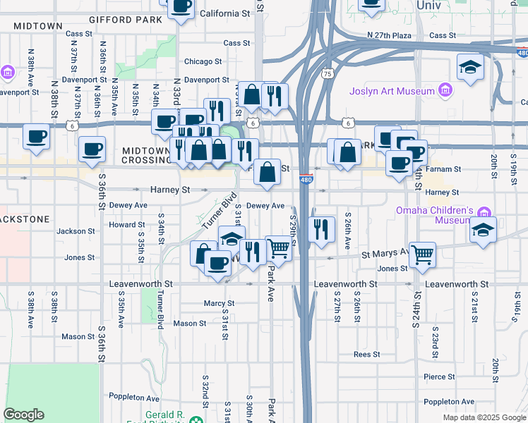 map of restaurants, bars, coffee shops, grocery stores, and more near 2945 Dewey Avenue in Omaha