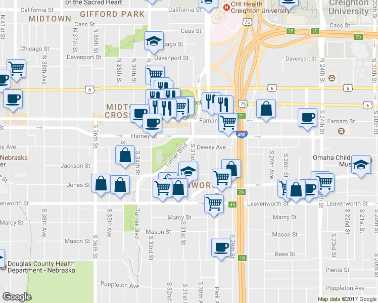 map of restaurants, bars, coffee shops, grocery stores, and more near 3105 Dewey Avenue in Omaha