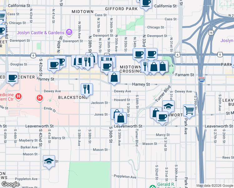 map of restaurants, bars, coffee shops, grocery stores, and more near in Omaha